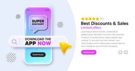 Super discount mobile phone banner. App chat speech bubble. Super discount tag. Sale sign. Advertising Discounts symbol. Phone template with search bar. Download the app now. Vector