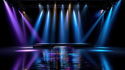 Colorful stage lights illuminating a dark performance space, vibrant beams creating a dynamic atmosphere for events.
