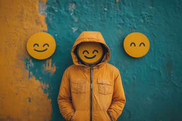 Hidden emotions a person concealed by a smiley face mask