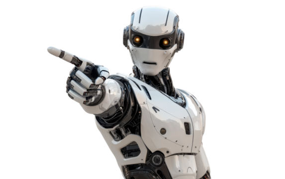Robot with a pointing finger is standing on a white background - Powered by Adobe