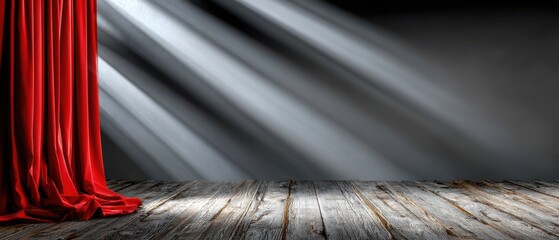 Theatrical stage setting, dramatic red curtains drawn aside, spotlight beams illuminating the empty stage, ideal for performances.