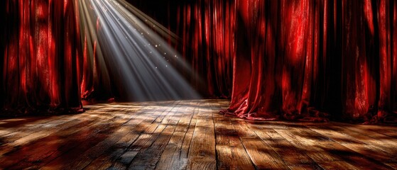 Dramatic stage scene, spotlight shining on an empty wooden stage, vibrant red curtains in background, perfect for theatrical themes.