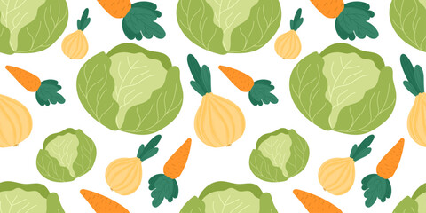 Cabbage seamless vector pattern with onions and carrots in flat cartoon style, perfect for organic food packaging, farm market branding, healthy vegetable backgrounds, recipe illustrations.