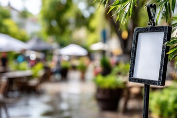 Outdoor café scene, blank menu board in front, lush greenery surrounding tables with umbrellas, inviting atmosphere for dining.