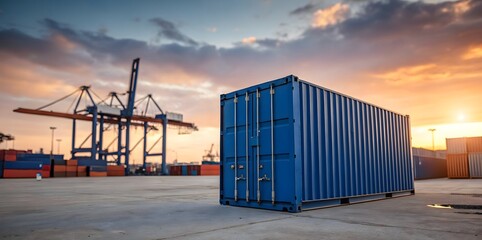A single blue shipping container stands prominently in the foreground, with a blurred background of numerous other containers and large industrial cranes at sunset, suggesting a busy p : Generative AI