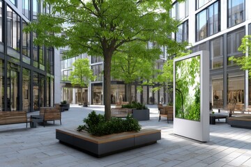 Urban courtyard with lush greenery, modern seating arrangements, inviting outdoor space for relaxation and social gatherings.