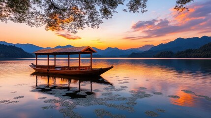 Scenic lake view with boat at sunset