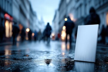 Empty billboard on wet street, rainy urban setting, people walking by in the distance, promoting creative advertisement opportunities.