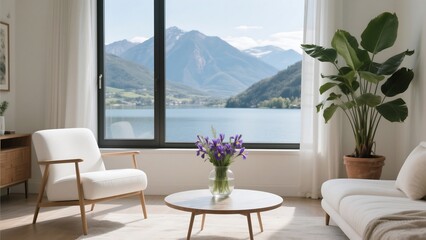 Obraz premium Modern living room overlooking a serene lake and mountain view with natural light