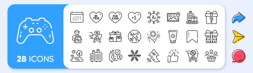Fototapeta na wymiar Secret gift, Shopping cart and Sunscreen line icons. Interest rate, AI generate, Inflation icons. Pack of Be true, Fireworks, Lake icon. Discounts cart, Sleep, Gamepad pictogram. Vector