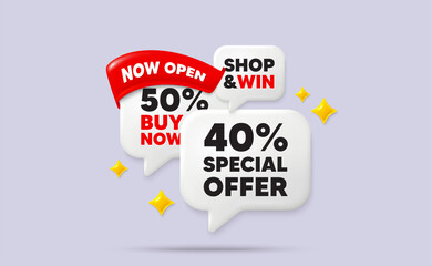 Discount speech bubbles. Now open flag ribbon. 40 percent discount offer tag. Sale price promo sign. Special offer symbol. Discount chat bubbles with 3d sparkles. Vector