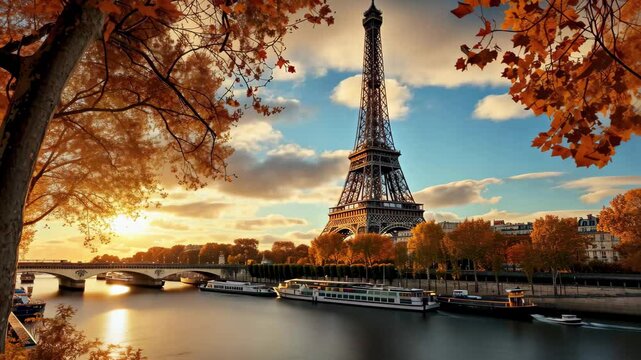 The Eiffel Tower stands tall beside the tranquil River Seine during a beautiful autumn sunset in Paris, France, with vibrant foliage and soft clouds lighting up the sky