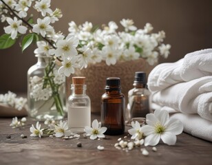 White blossoms, smooth stones, essential oil bottles, soft towels , white flowers, photography