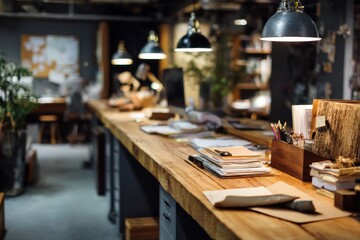 Cozy café interior, warm wooden counter, lush plants, inviting ambiance, perfect for relaxation or casual meetings.