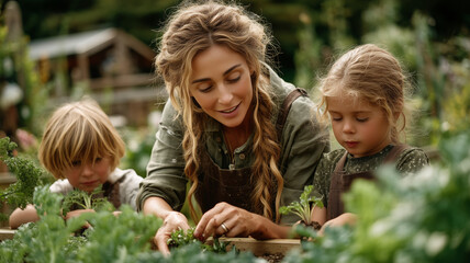 Joyful moments shared in the garden with mother and children learning together