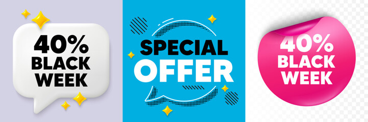 Black week speech bubble. 3d sparkles chat, Paper sticker. Black week 40 percent sale. Special discount sign. Black friday offer symbol. Special offer bubble. Halftone dots pattern. Vector