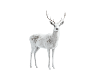 A majestic white fallow deer, standing alertly against a black background, showcases its distinctive mottled coat and elegant antlers. Its gaze is direct and engaging, emphasizing its serene demeanor