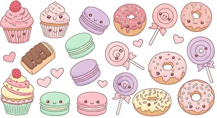 Kawaii Pastel Desserts Vector with Cupcakes, Donuts and Smiles

