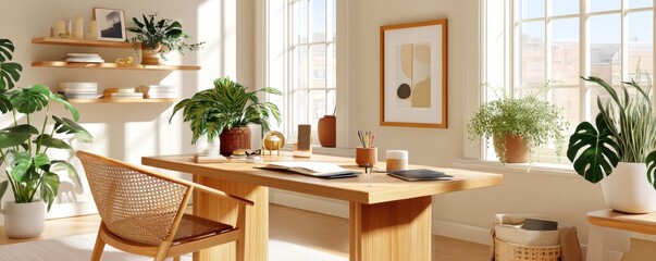 Fototapeta premium Bright natural home office with wooden furniture and greenery accents