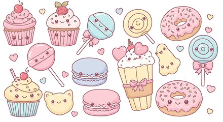 Kawaii Pastel Desserts Vector with Cupcakes, Donuts and Smiles

