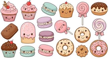 Kawaii Pastel Desserts Vector with Cupcakes, Donuts and Smiles

