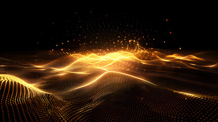 Golden abstract landscape with glowing particles on a dark background in a wavy pattern