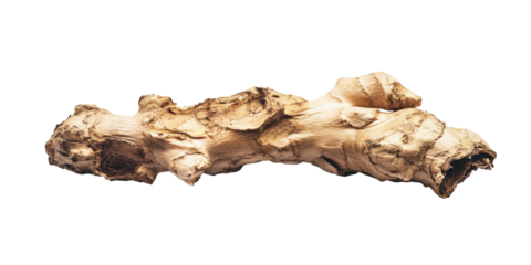 Close-up of a single piece of dried ginger root, exhibiting its irregular, knobbly texture and light beige coloration against a black background