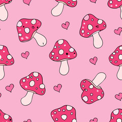 Cute Pink Mushroom Pattern with Hearts - Seamless Design
