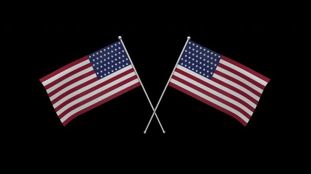 Two American flags waving in the breeze on a transparent alpha channel background for easy drag and drop!