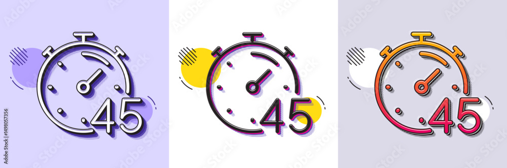 Poster timer 45 minutes line icon. halftone dotted pattern. gradient icon with grain shadow. stopwatch time