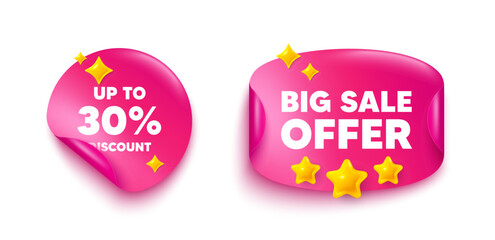 Discount tag sticker tag. Big offer paper price banner. Up to 30 percent discount. Sale offer price sign. Special offer symbol. Save 30 percentages. Discount sticker with 3d stars. Vector