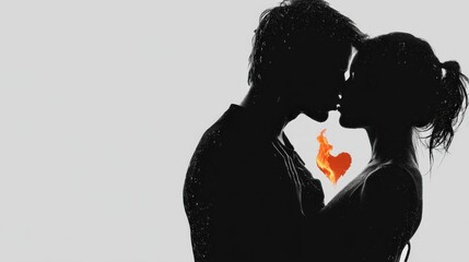 Silhouette couple embracing with heart-shaped flame above in passionate connection