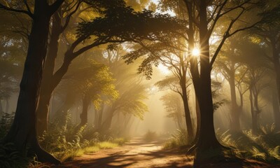 Golden sunlight streams through dense canopy, creating dramatic shadows,  warm,  deep,  nature