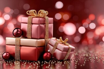 Festive gift boxes adorned with ribbons, vibrant red background with glowing bokeh, perfect for holiday celebration themes.