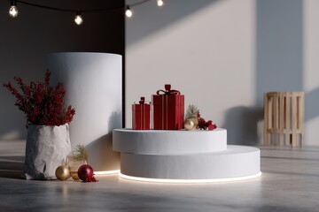 Artistic still life arrangement, minimalist design with red geometric shapes and natural elements on a contemporary surface, ample copy-space.