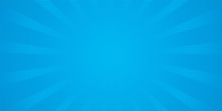 Comic background. Pop art texture. Starburst cartoon style. Anime design with explosion effect for print. Fun dot pattern. Blue backdrop with halftone gradient.
