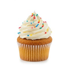 Cupcake with frosting and sprinkles isolated on white background