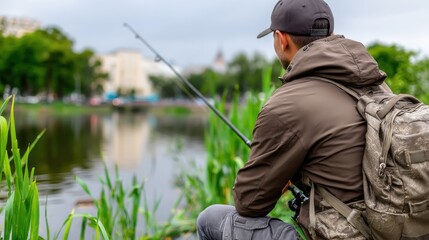Outdoor enthusiast fishing by serene lake, young man in camouflage jacket enjoying nature, peaceful scenery, copy-space for text.