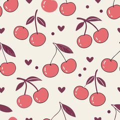 Cute Cherry Seamless Pattern: Pink Red Cherries Hearts Background