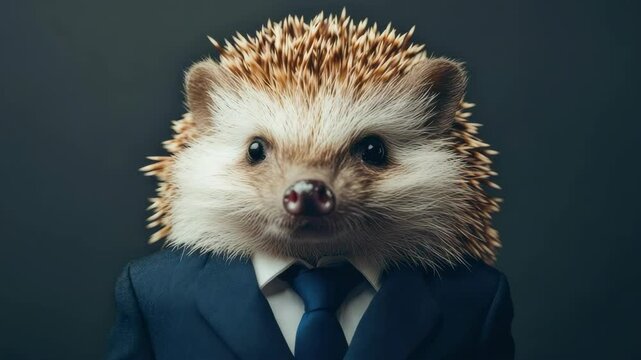 Portrait of a Hedgehog Wearing a Business Suit and Tie, Professional Attire, Animal in Clothing, Dark Background, Studio Shot