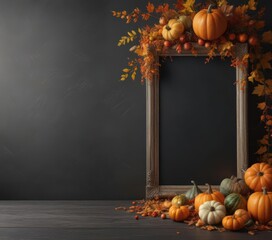 Rustic chalkboard frame overflowing with various sized pumpkins and gourds, autumn leaves scattered around ,  fall background,  element