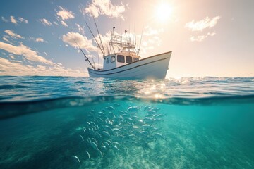 Fishing boat above school of fish