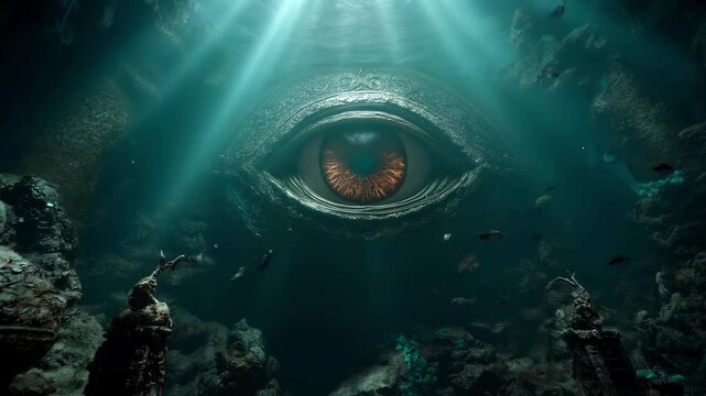 Eye of leviathan opens slowly beneath ocean surface, watching in silence. leviathan stirs in abyss, vast and ancient beyond comprehension. leviathan sees all, waiting in eternal darkness.