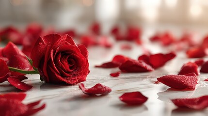 Red Naomi rose petals scattered on luxurious marble floor creating a romantic atmosphere