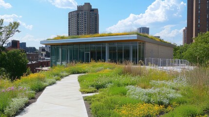 Fototapeta premium Urban rooftop garden with modern pavilion and blooming flowers