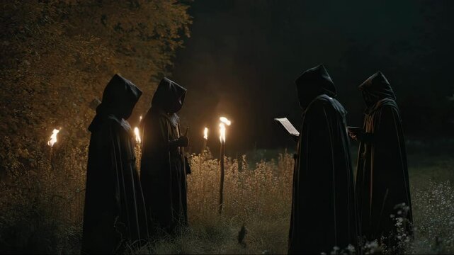 Hidden cult gathers under moonlight to perform sacred ritual. ritual unfolds with torches, chanting and ancient scrolls. ritual echoes through forest, filled with dark intent and mystery.