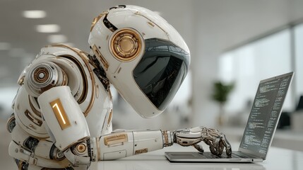 Humanoid robot programs on a laptop in a modern office environment