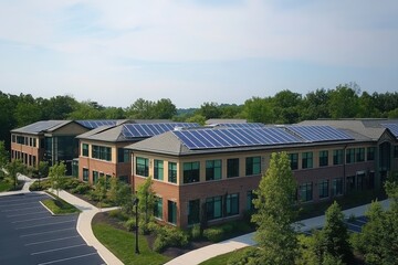 Aerial view of commercial building with solar panels
