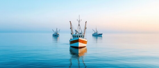 Fishing boats sail serene sea at dawn