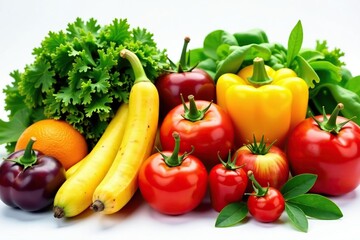 Variety of organic fruits & vegetables, isolated, market, detail